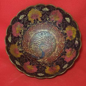 Vintage Solid Brass Enameled Footed Hand Painted Peacock Trinket Dish